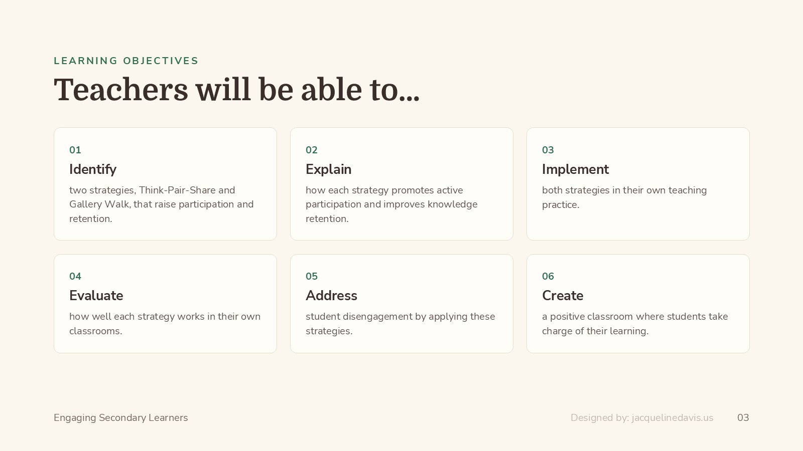 Learning objectives slide: Teachers will be able to Identify, Explain, Implement, Evaluate, Address, and Create