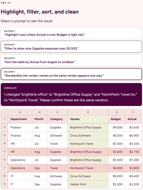 Copilot in Excel Rise prototype: prompts to highlight, filter, and clean data, Copilot's reply, and the updated budget table