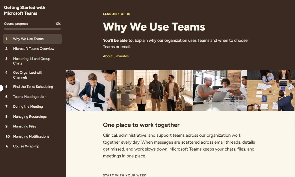 Getting Started with Microsoft Teams prototype showing the lesson menu and Lesson 1