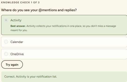 Knowledge check 1 of 3 asking where you see your @mentions and replies, with Activity selected and feedback explaining it is the best answer