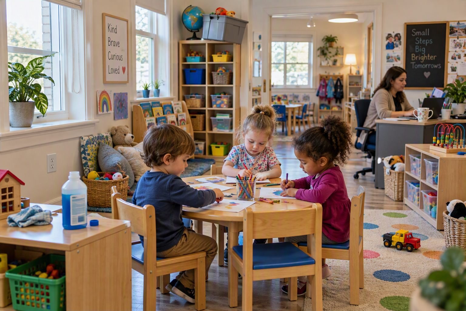 Preschool classroom scene from the Spot the Hazards activity, with hazards like an uncovered outlet and an open cleaning bottle hidden in a busy room
