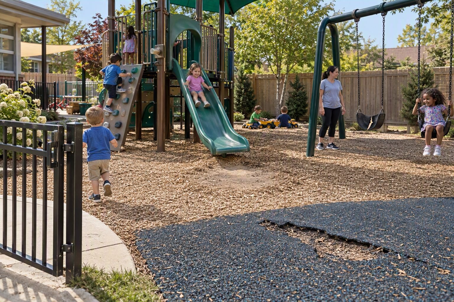 Outdoor play yard with children on a slide, climbing wall, and swing, a front gate left open, torn rubber surfacing, a cracked swing seat, a protruding bolt, worn mulch at the slide exit, and an open back gate